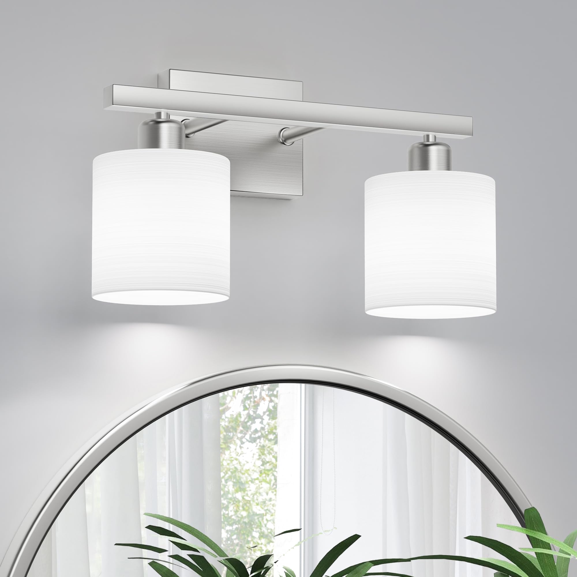 PARTPHONER two-light bathroom vanity fixture above a mirror for even illumination.