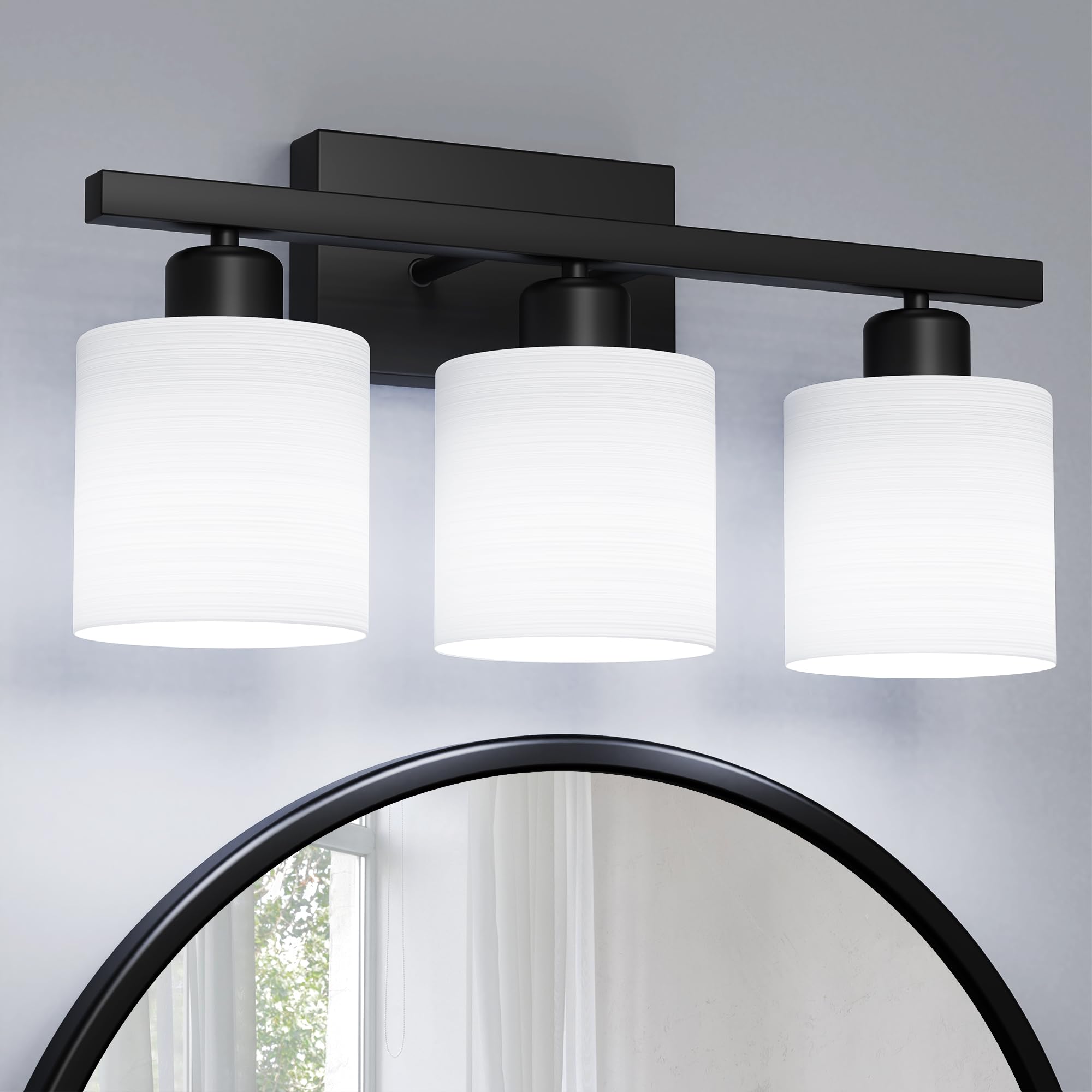 PARTPHONER 3-light vanity with matte black finish and textured white glass for modern bathrooms.