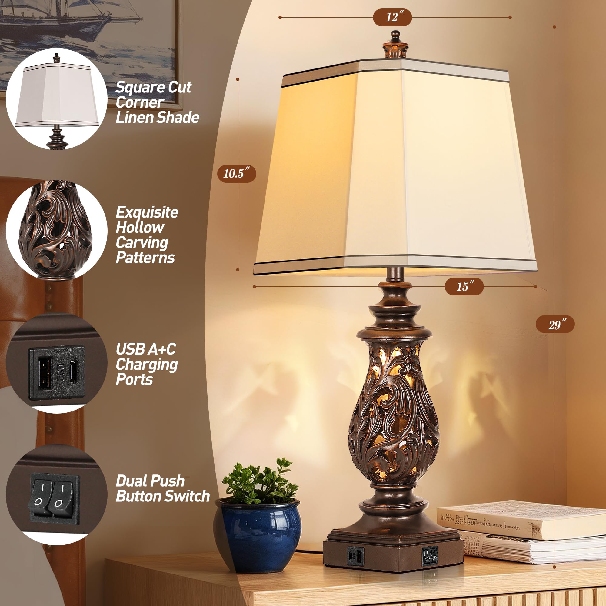 PARTPHONER bedside lamps showing USB A+C ports for convenient device charging