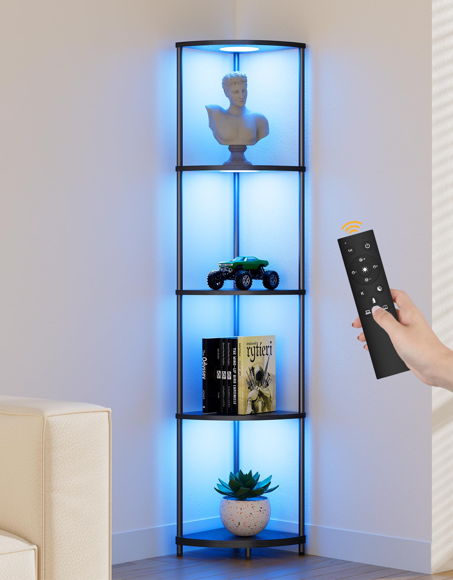PARTPHONER corner shelf with LED light highlights decor in a living room corner