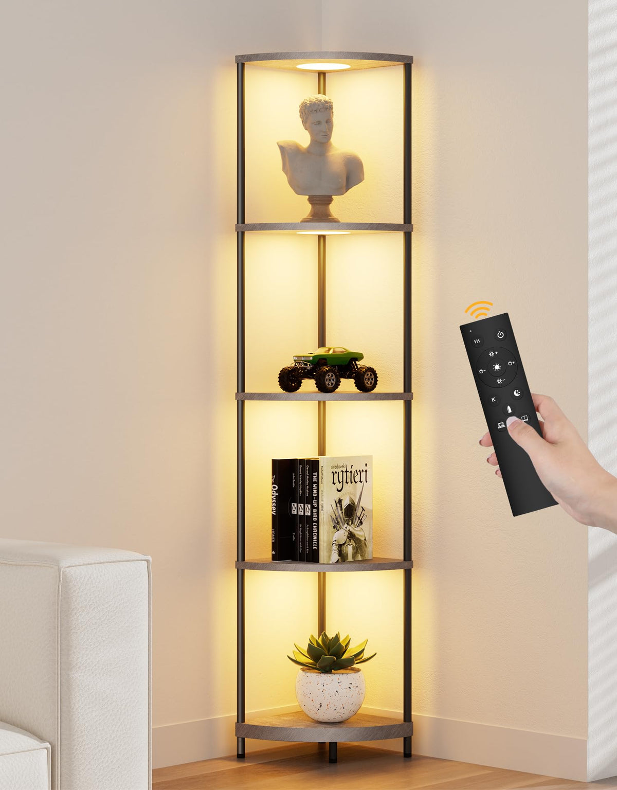 Partphoner corner shelf with RGBCW LED brightens corner displays for style and organization.