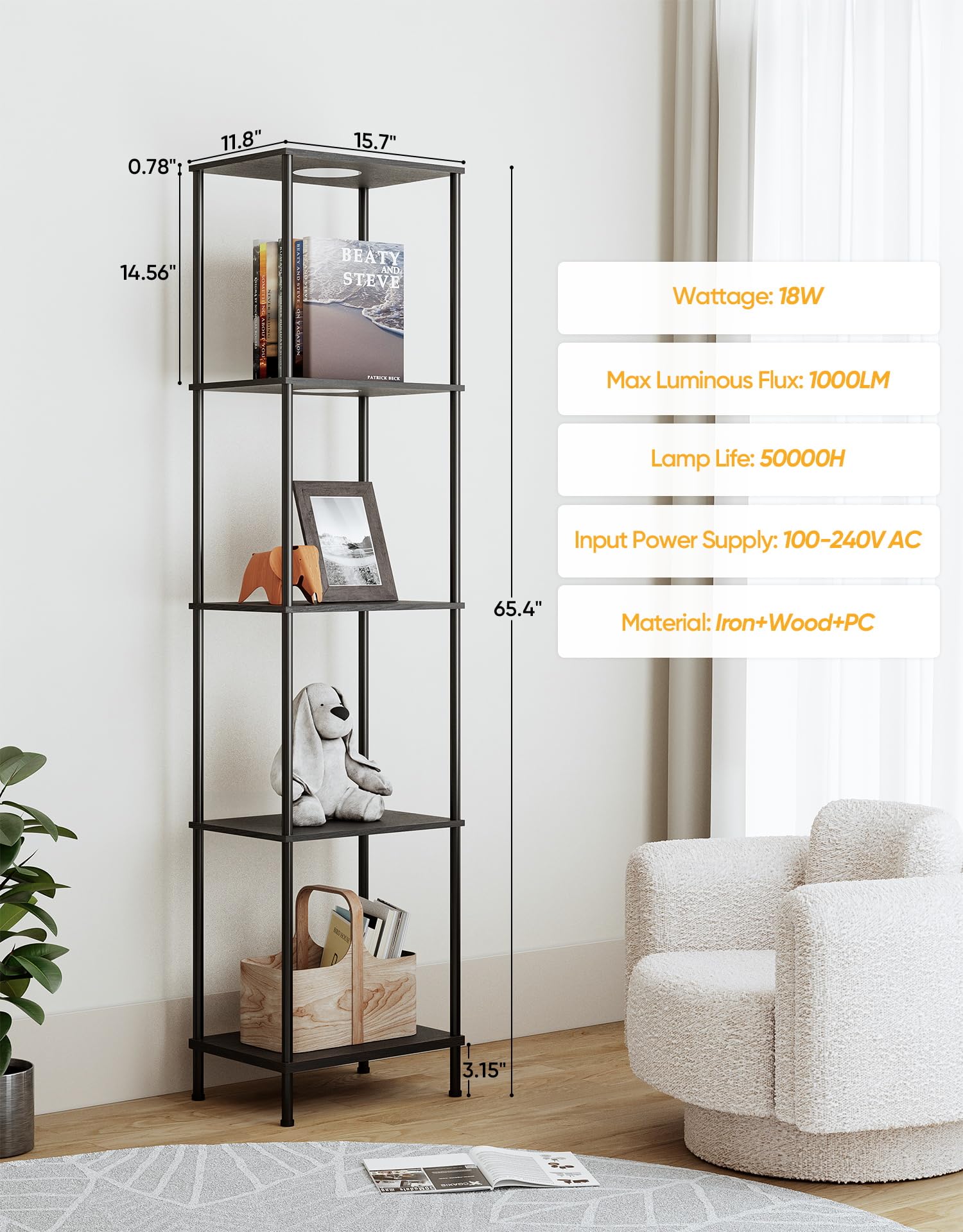 PARTPHONER curio cabinet floor lamp provides color-changing mood lighting.