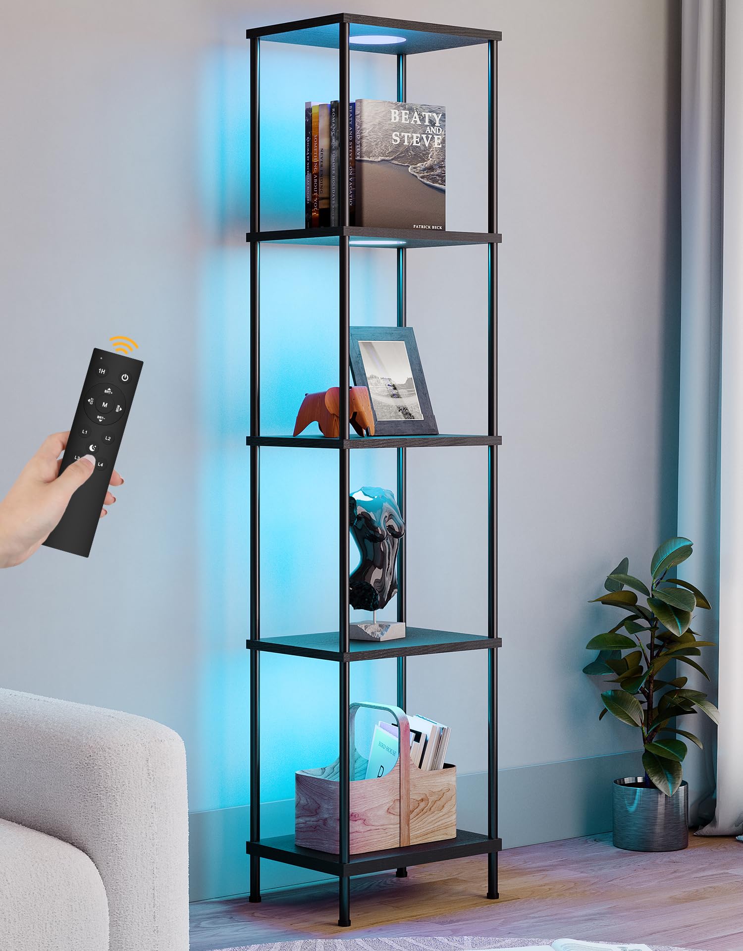 PARTPHONER display shelf RGBW light highlights collectibles with adjustable ambient color.