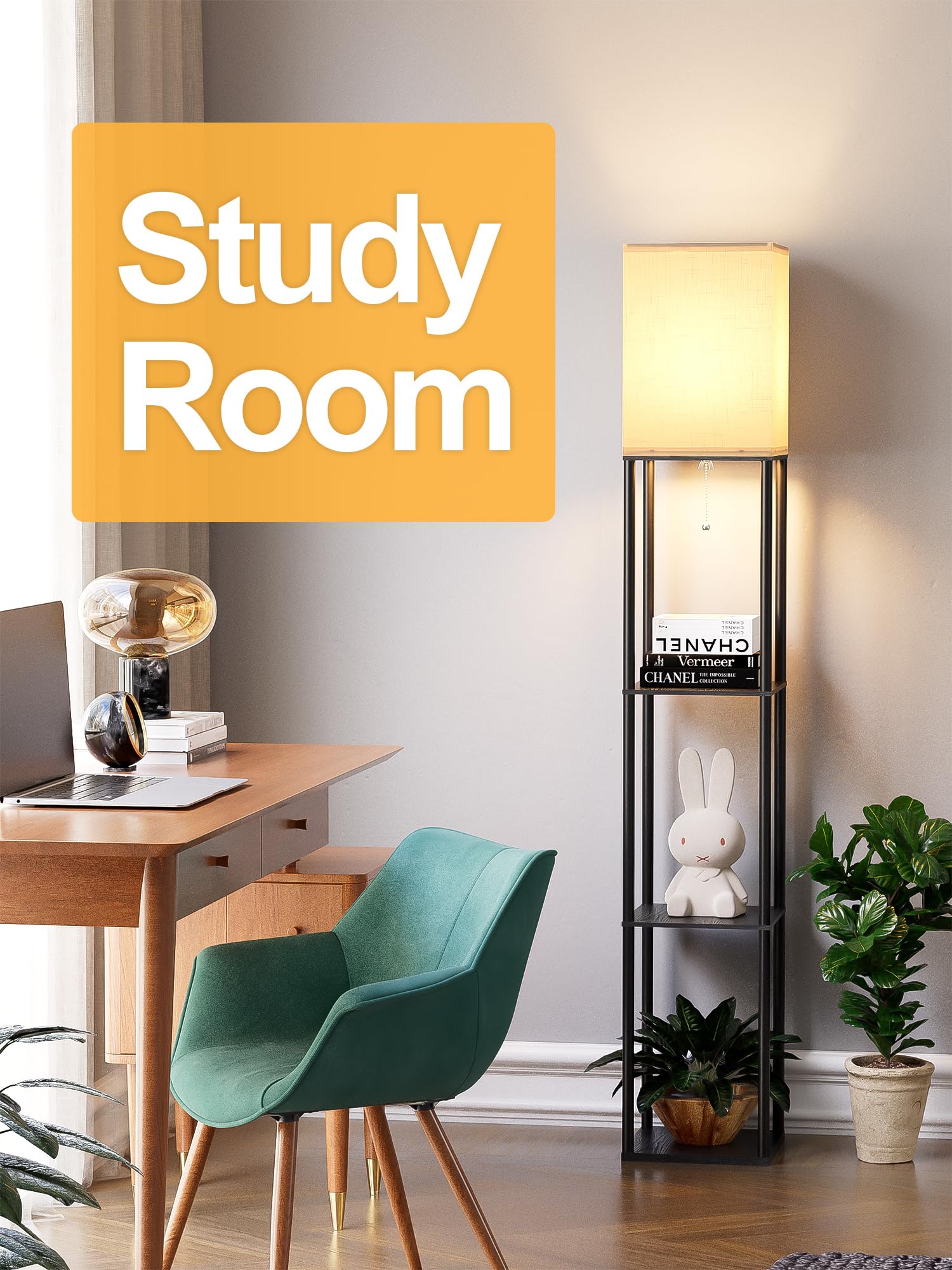 PARTPHONER floor lamp display area supports plants, books, and decor