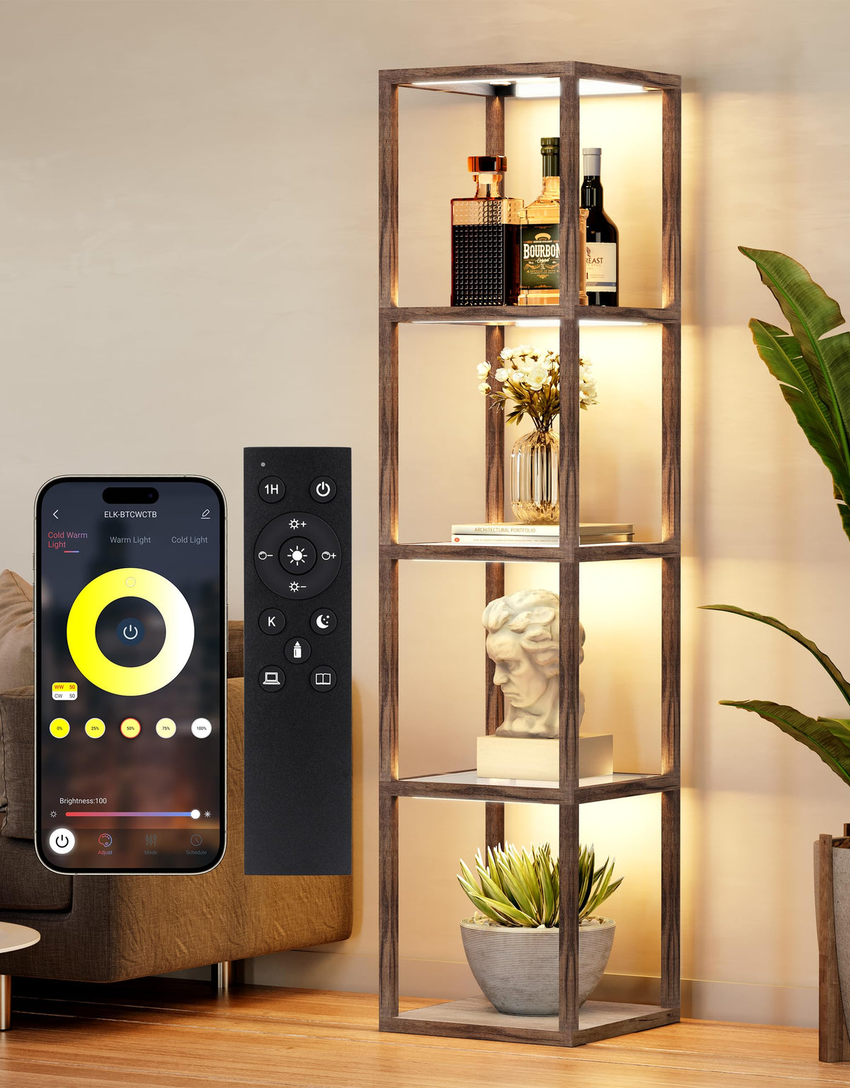 PARTPHONER floor lamp with display shelves emits warm ambient light for home display
