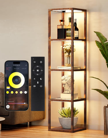 PARTPHONER floor lamp with glass display shelves offers organized five-tier display for prized items.