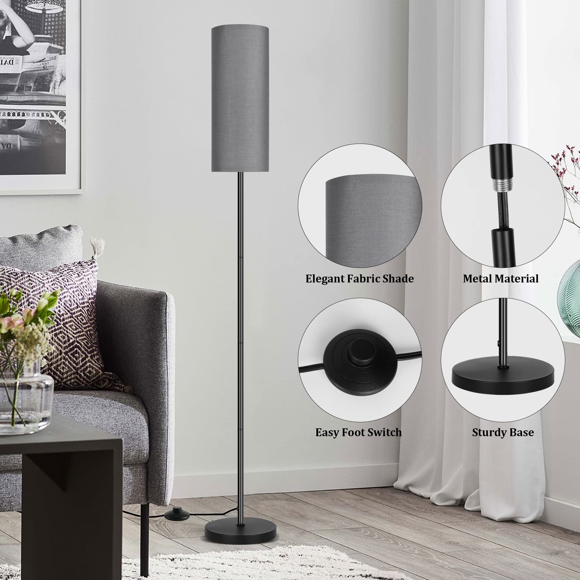 PARTPHONER gray lampshade on floor lamp diffuses soft, inviting light for reading.