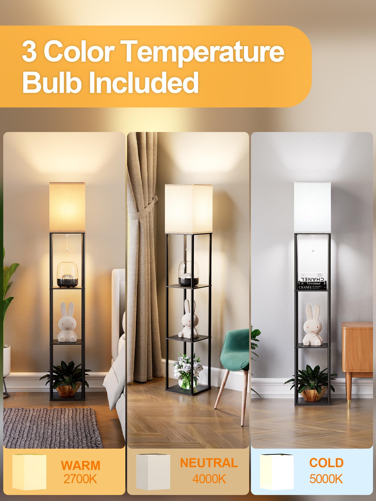 PARTPHONER floor lamp shelves 3-tier storage keeps books and decor organized