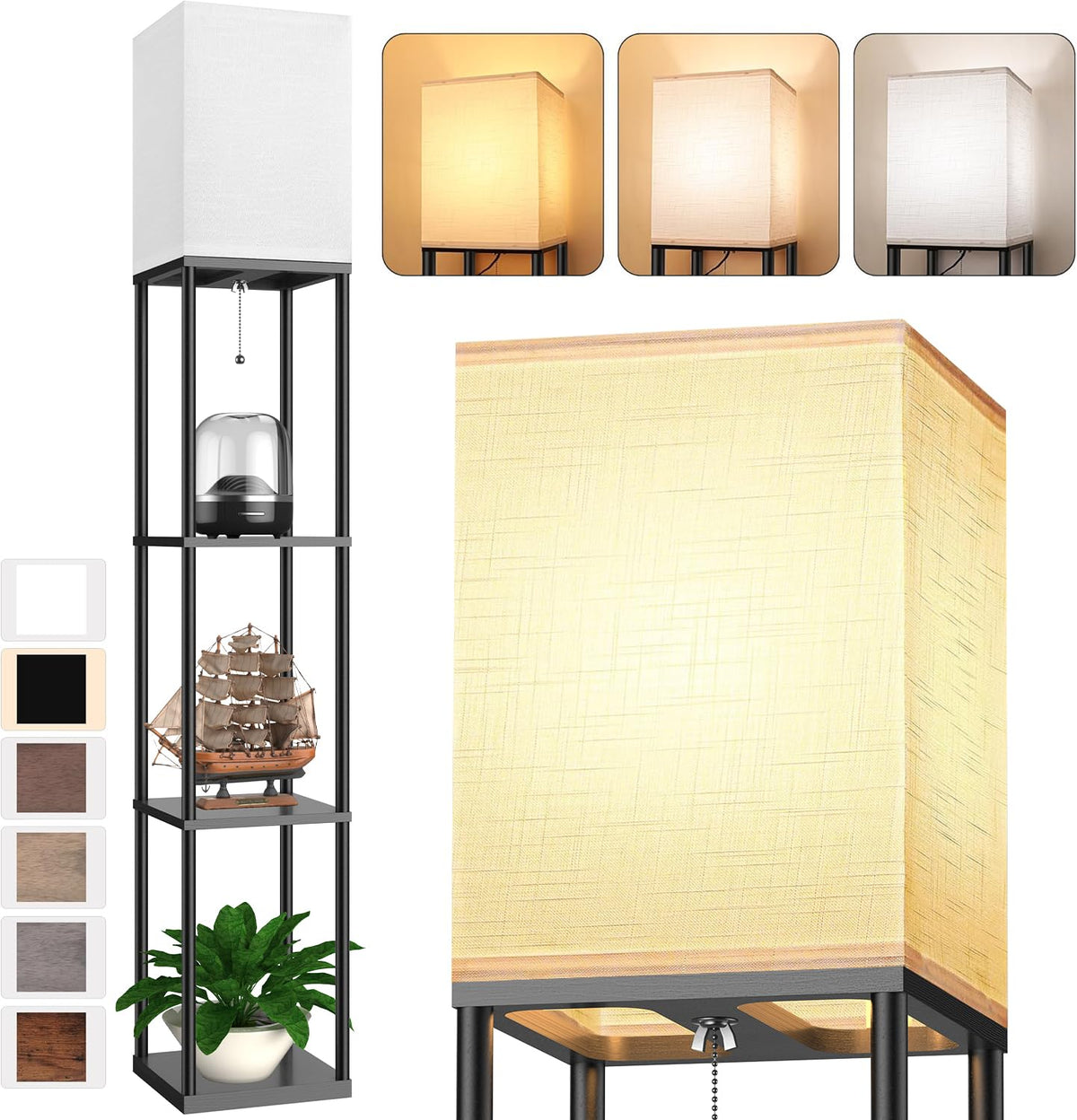 PARTPHONER floor lamp with open top shelves for bright living room display