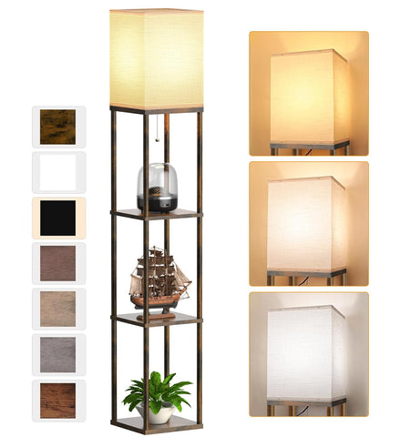PARTPHONER floor lamp with brown shelves brightens the living room while keeping decor organized.