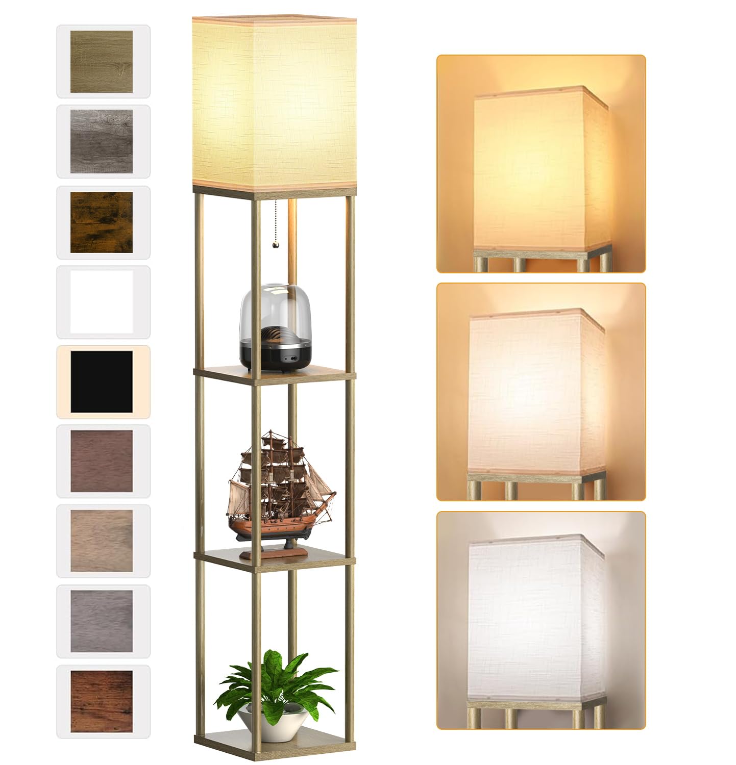 PARTPHONER floor lamp with shelves highlights natural wood and open design for bright display.
