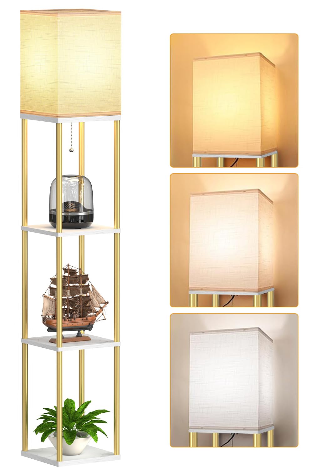 Partphoner floor lamp with shelves and open-top light brightens corners