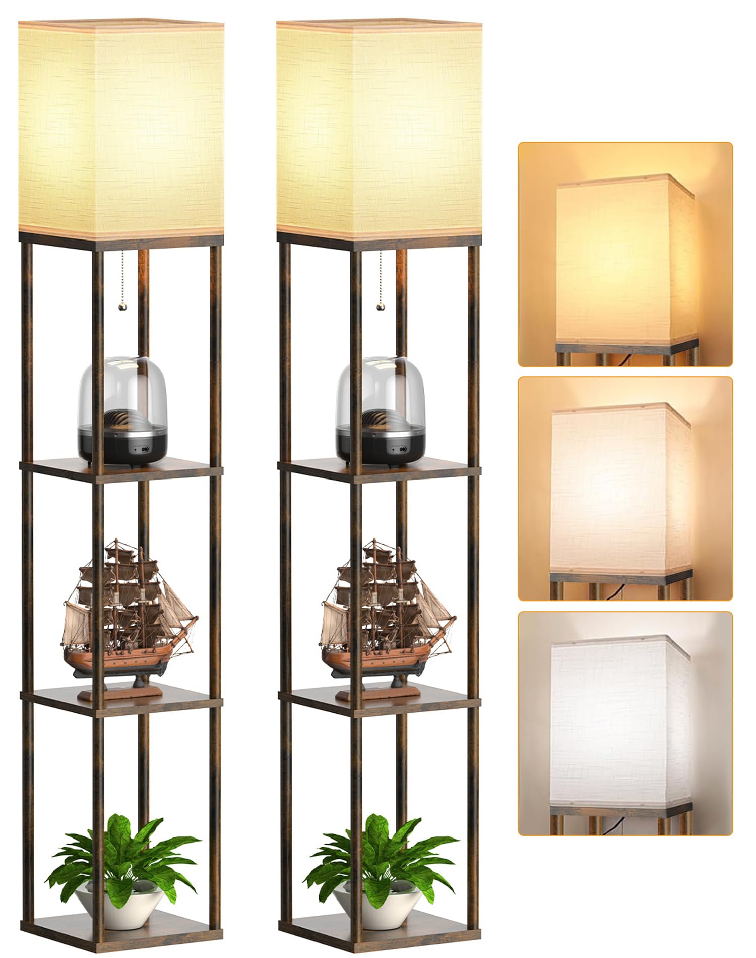 PARTPHONER floor lamp with open-top shelves brightening a living room setup