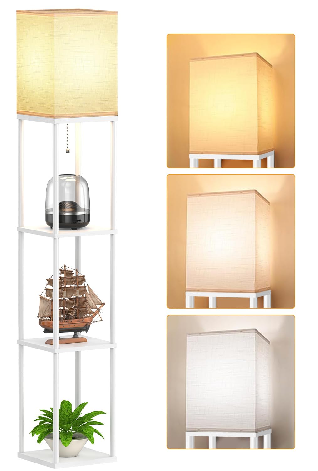 Partphoner floor lamp with open top shelves brightens the living space