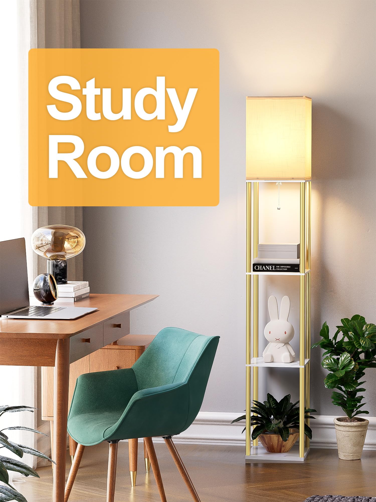Partphoner floor lamp with shelves complements a living room setup