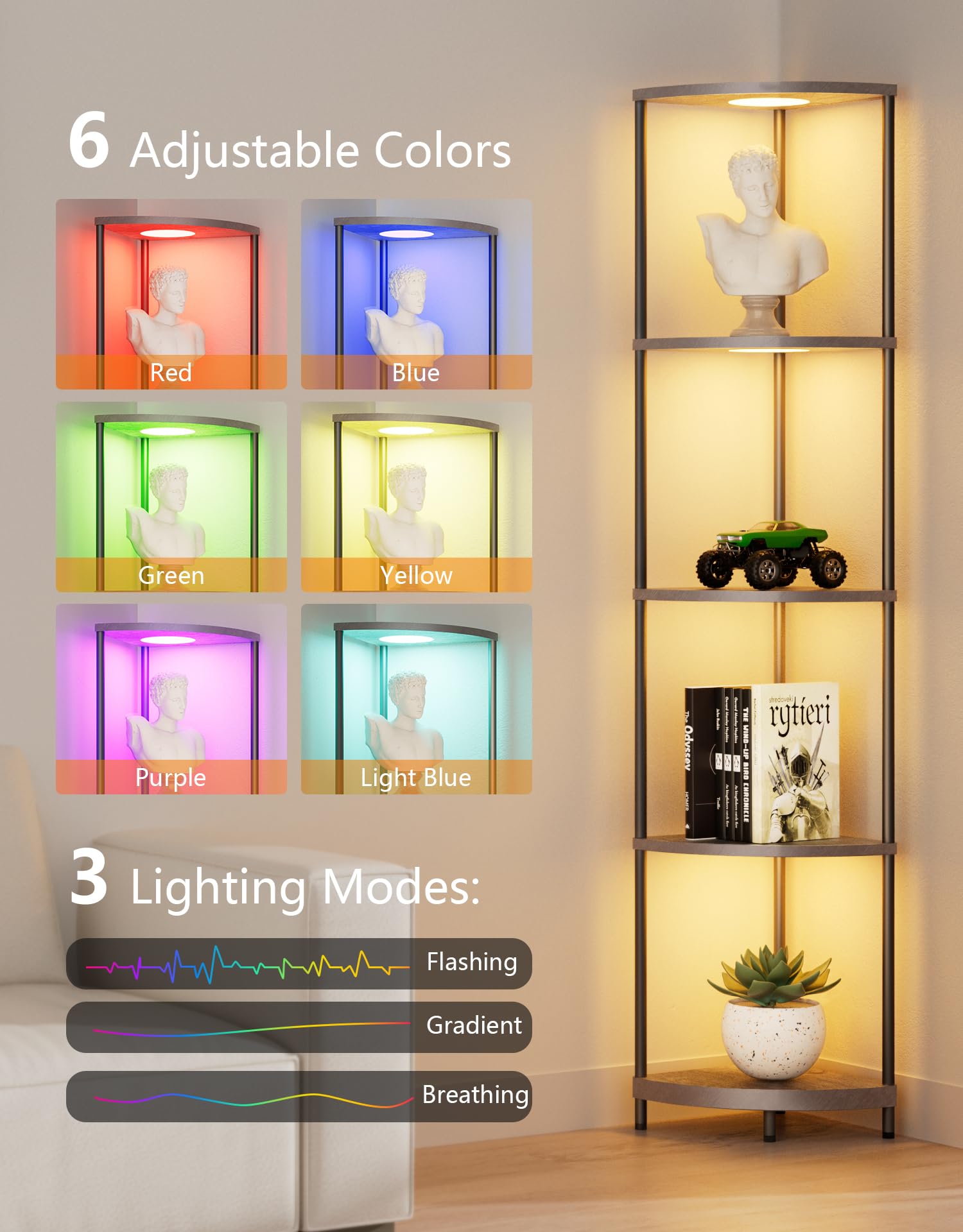 Partphoner grey standing shelf highlights decorative items and plants in a living room.