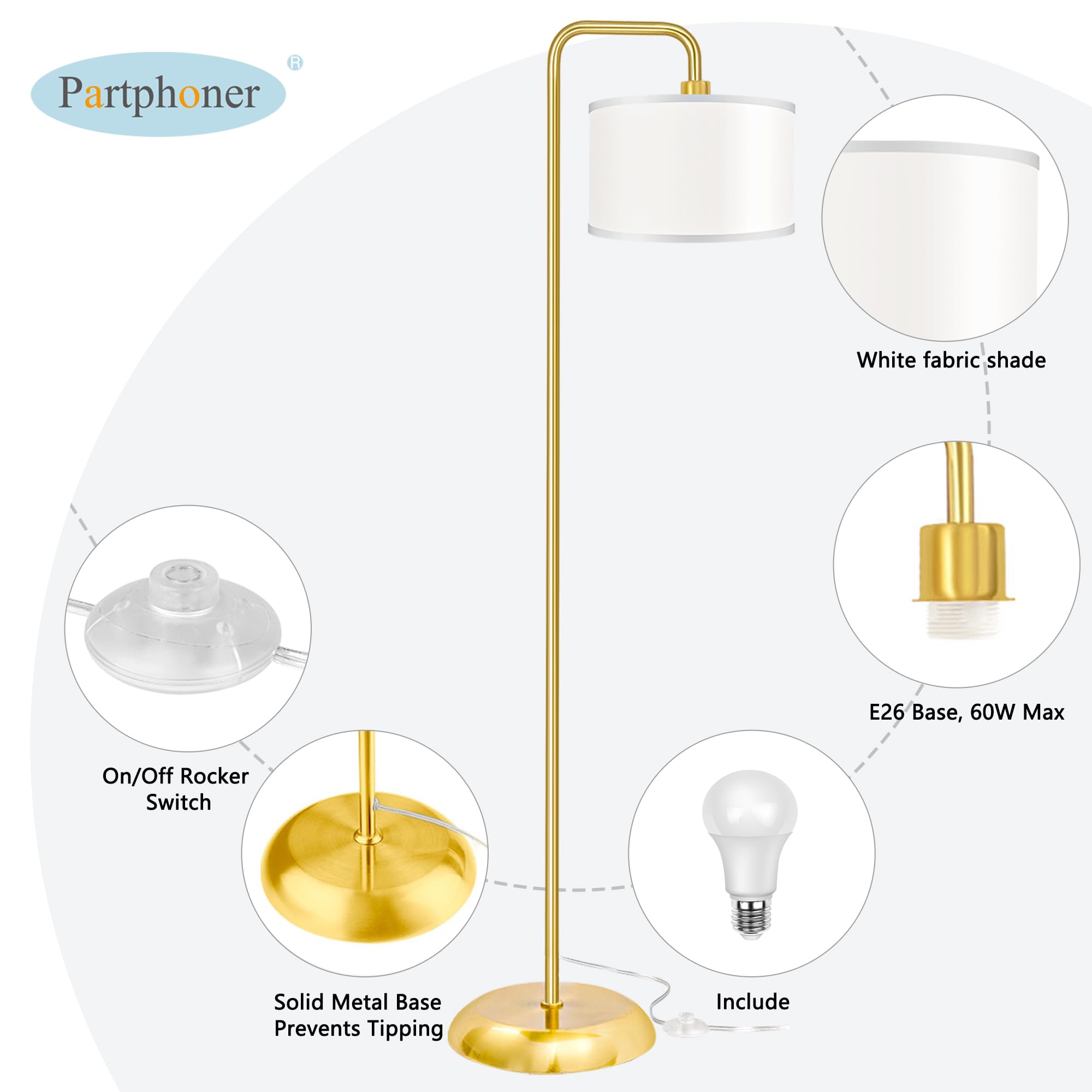 PARTPHONER LED floor lamp showing three temperature options for tasks and mood
