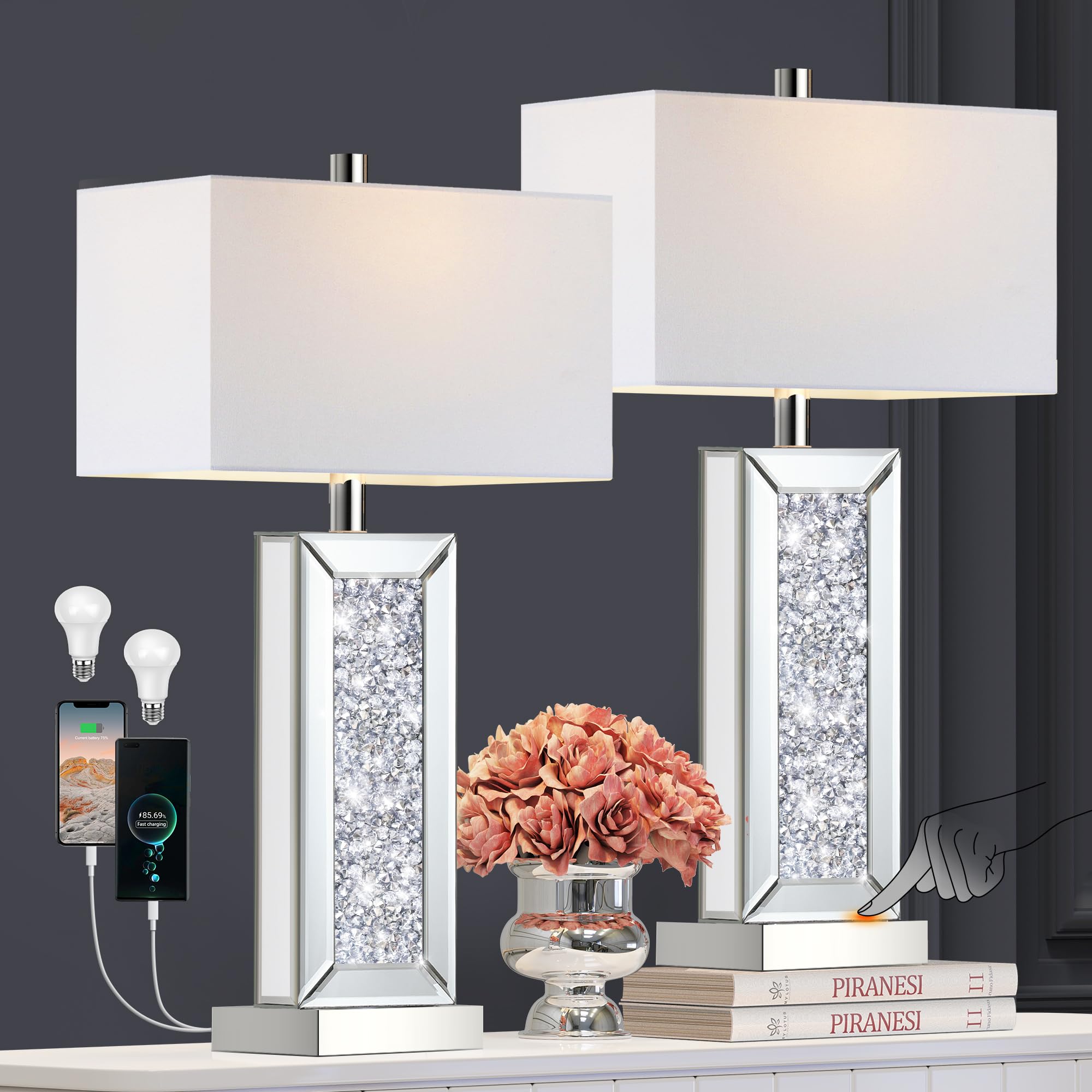 PARTPHONER modern table lamp set with touch control and silver mirror base enhances bedroom ambiance