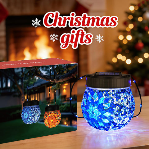 PARTPHONER Mosaic Lantern hanging on hook provides charming patio lighting.