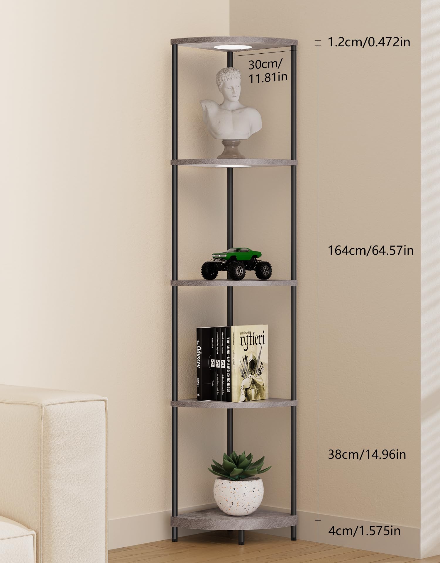 Partphoner multi-tier display shelf neatly stores books, trophies, and collectibles.