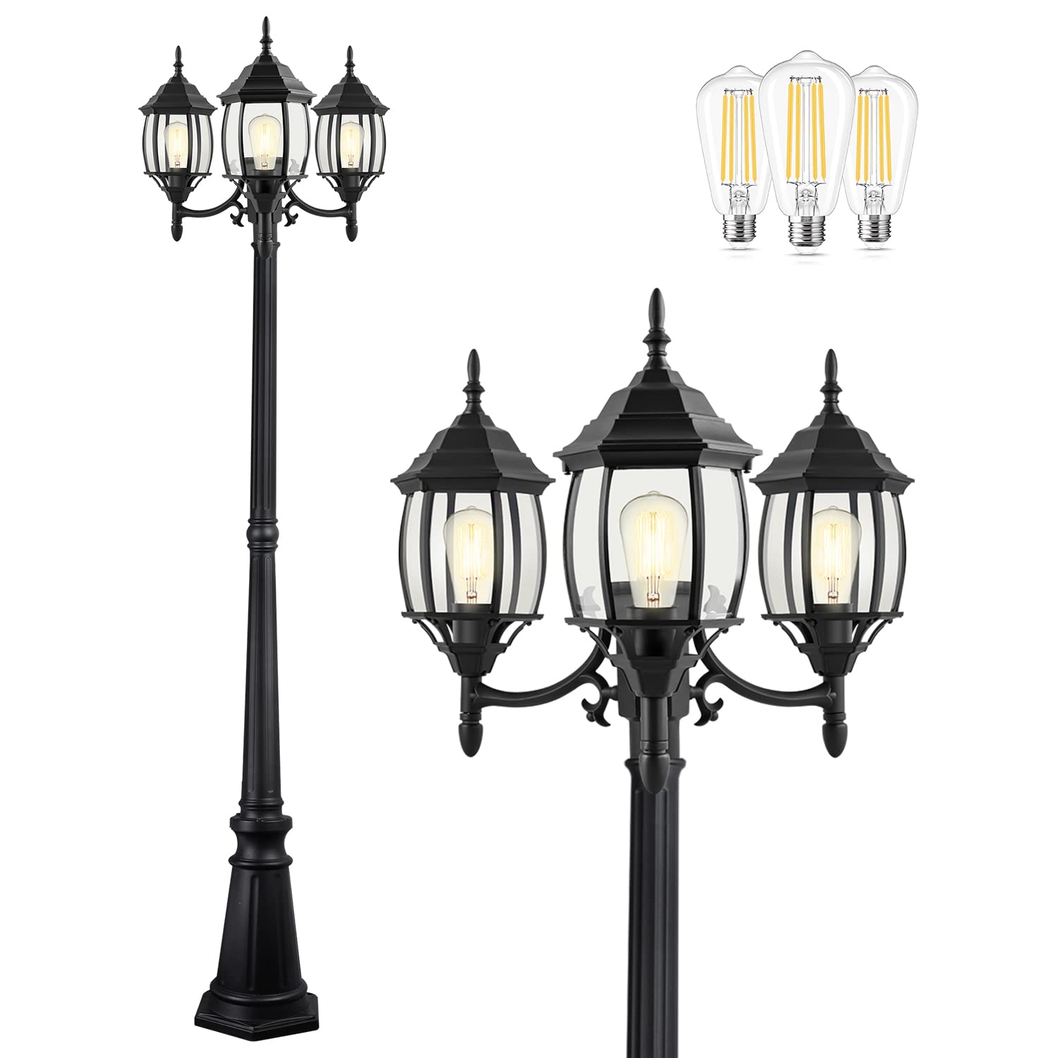 PARTPHONER outdoor lamp post 3-head with clear glass panels for entry lighting