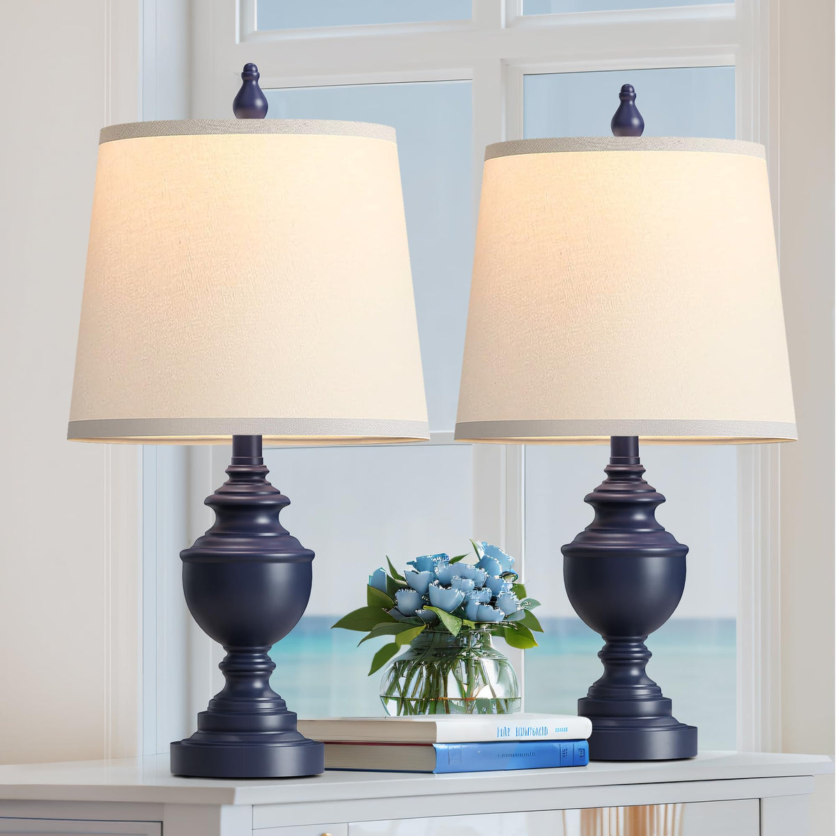 PARTPHONER retro table lamp blue base enhances living room ambiance with vintage charm.
