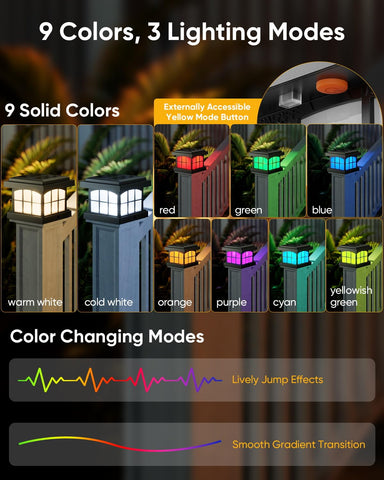 PARTPHONER post cap light shows color-cycle options for vibrant yard accents.