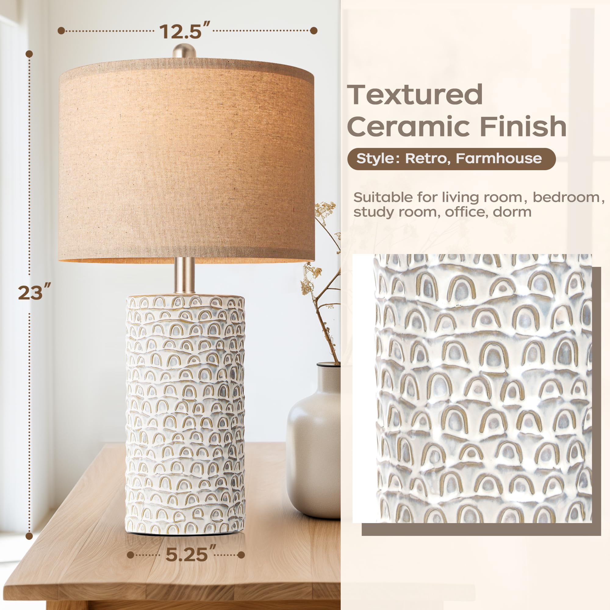 PARTPHONER rustic white finish table lamp enhances bedroom decor.