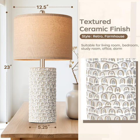 PARTPHONER rustic white finish table lamp enhances bedroom decor.