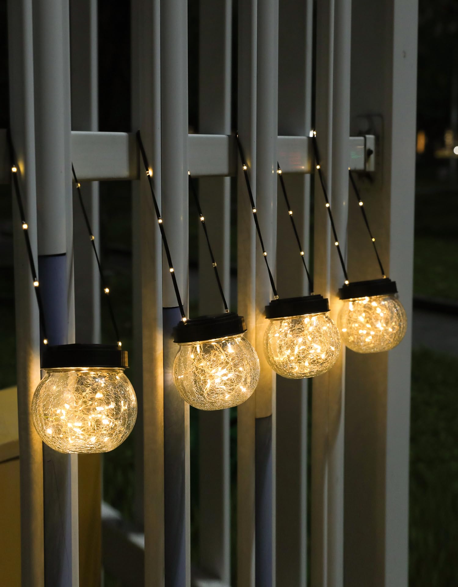PARTPHONER solar lantern cracked-glass hanging globe provides steady twilight glow.