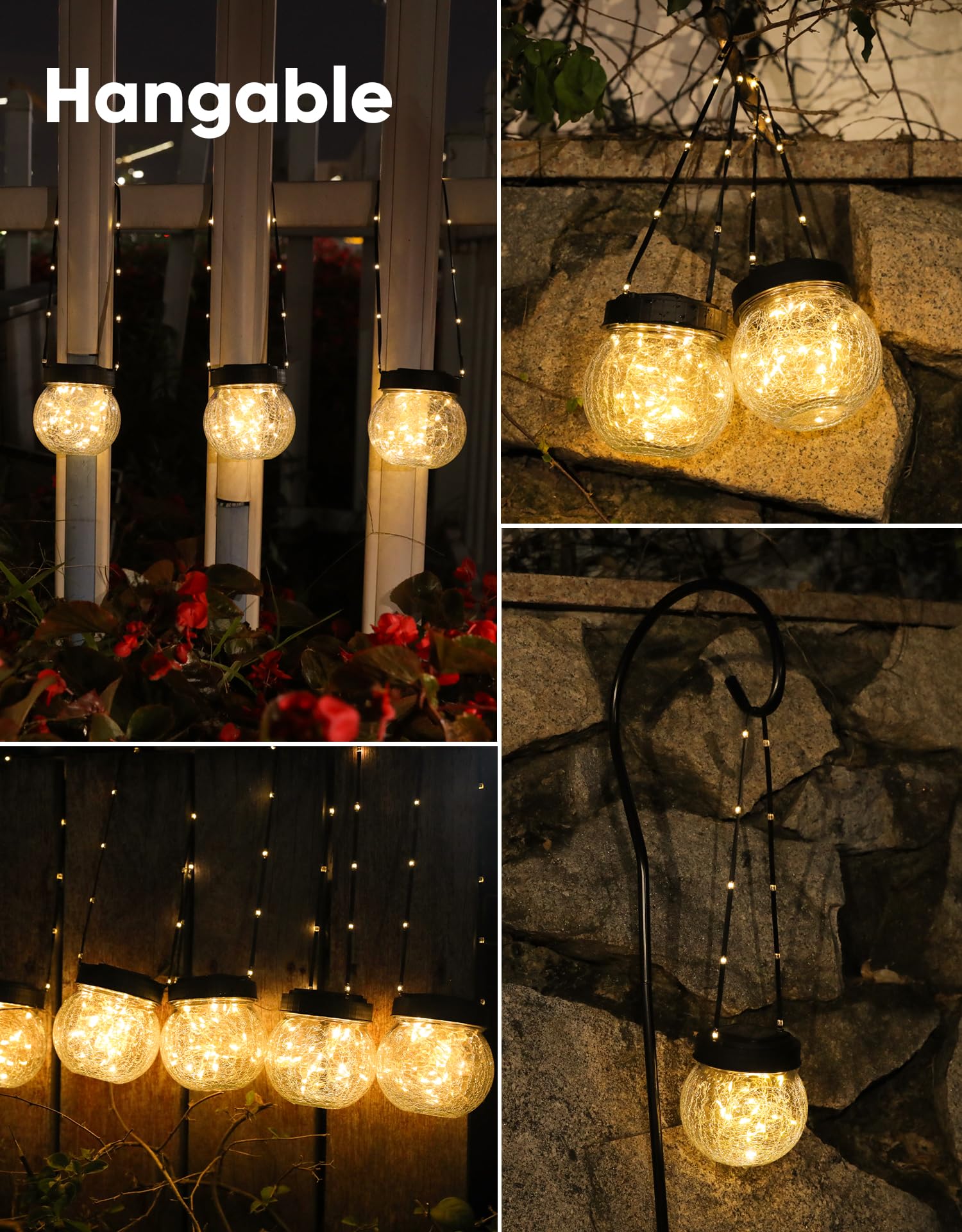 PARTPHONER solar lantern can hang on a shepherd hook or tree.