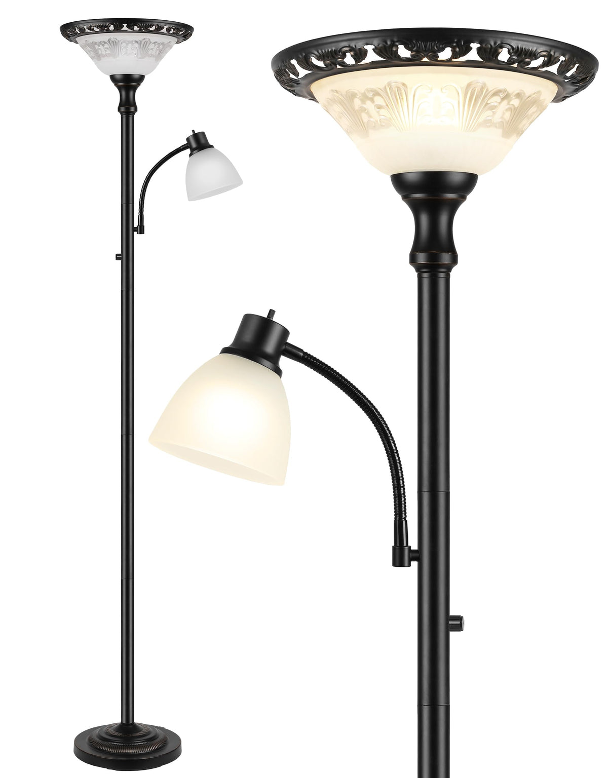 PARTPHONER Torchiere base and glass shade on display for timeless living room décor