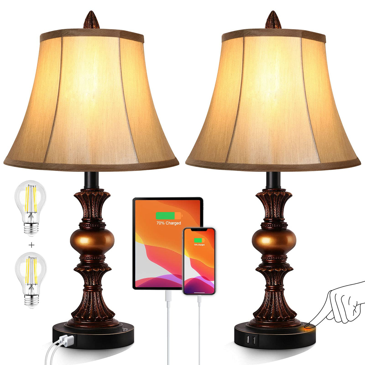 PARTPHONER touch-control table lamp with bronze base for easy bedside brightness