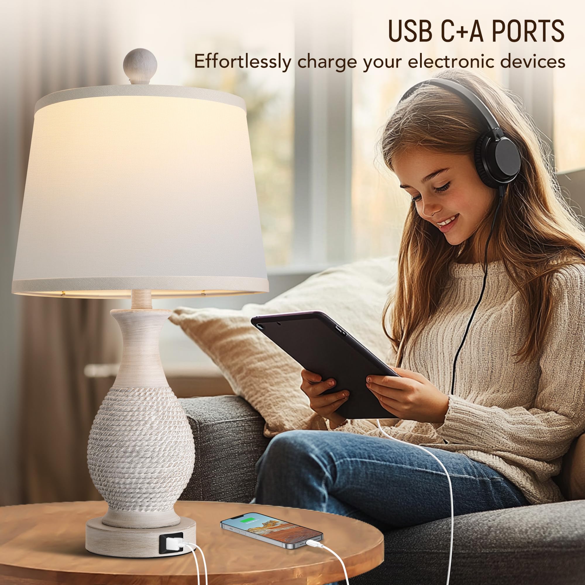 PARTPHONER lamp with USB-C port highlights convenient on off charging.