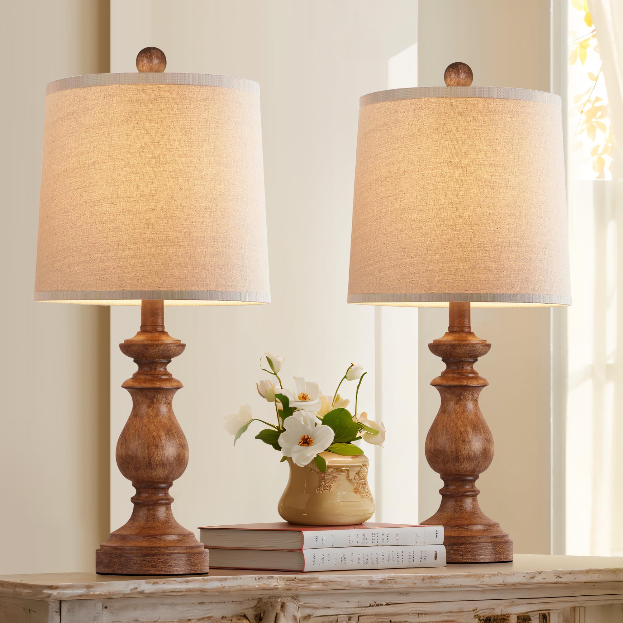 PARTPHONER traditional table lamp set 2 with wood grain base for rustic charm.