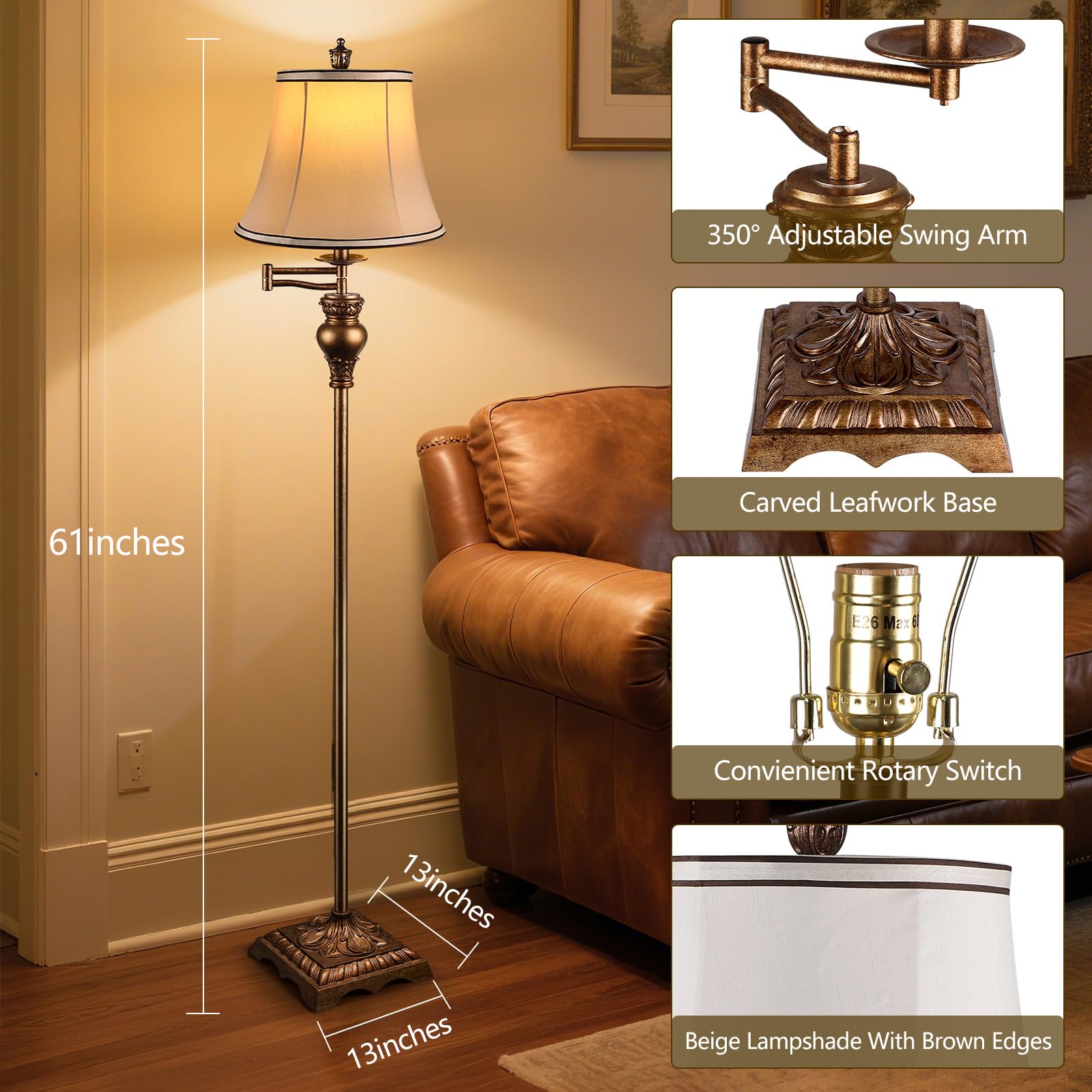 PARTPHONER Vintage Floor Lamp shade diffuses light to reduce glare while reading