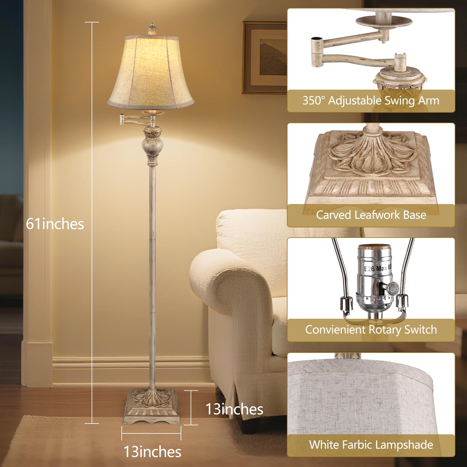 PARTPHONER vintage floor lamp shade softly diffuses light for comfortable viewing