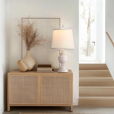 PARTPHONER white fabric shade detail softens light for evenings