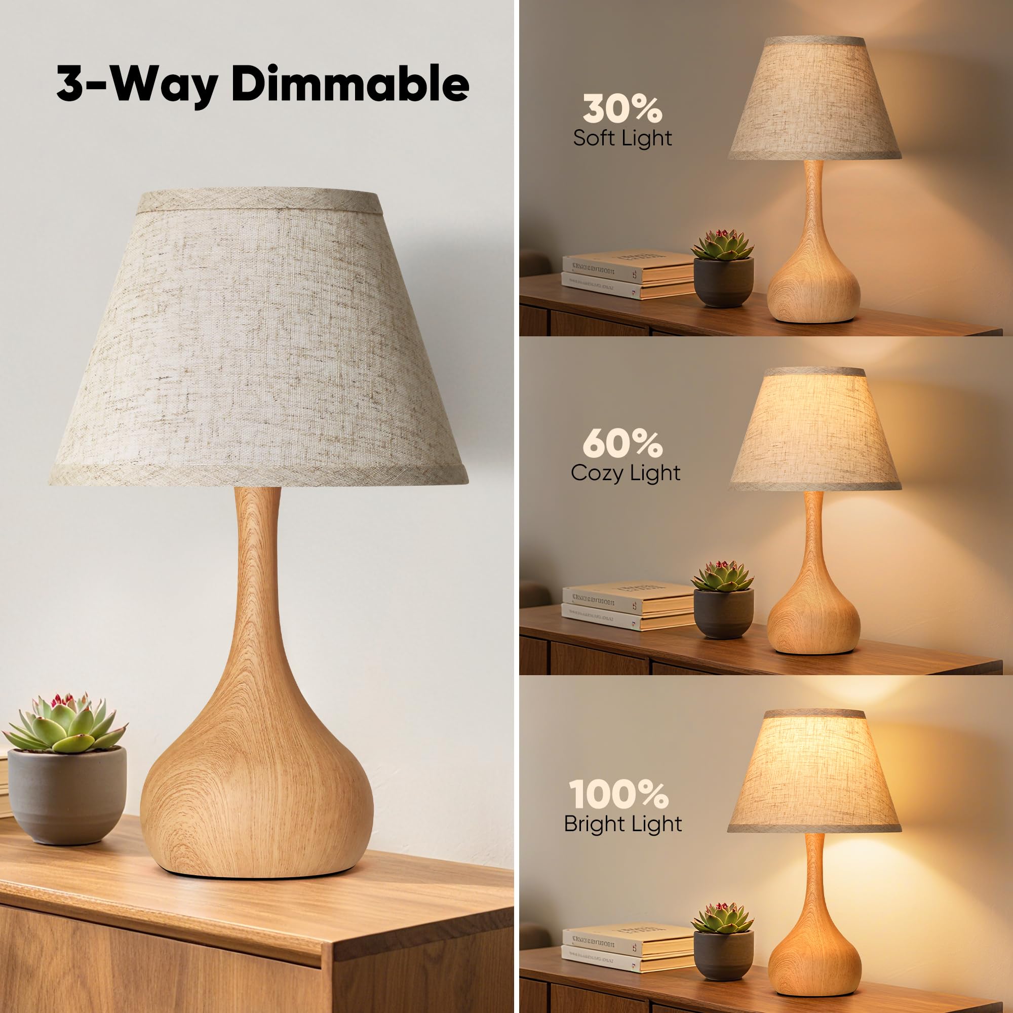 PARTPHONER wood grain teardrop base pairs with warm glow on nightstands.