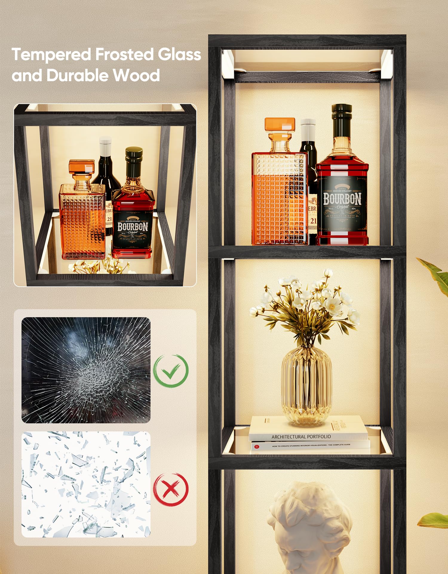 PARTPHONER wood and tempered glass frame offers sturdy storage and elegant style