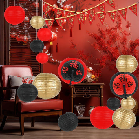 Party Greeting lantern close-up shows bold black, gold and red colors.