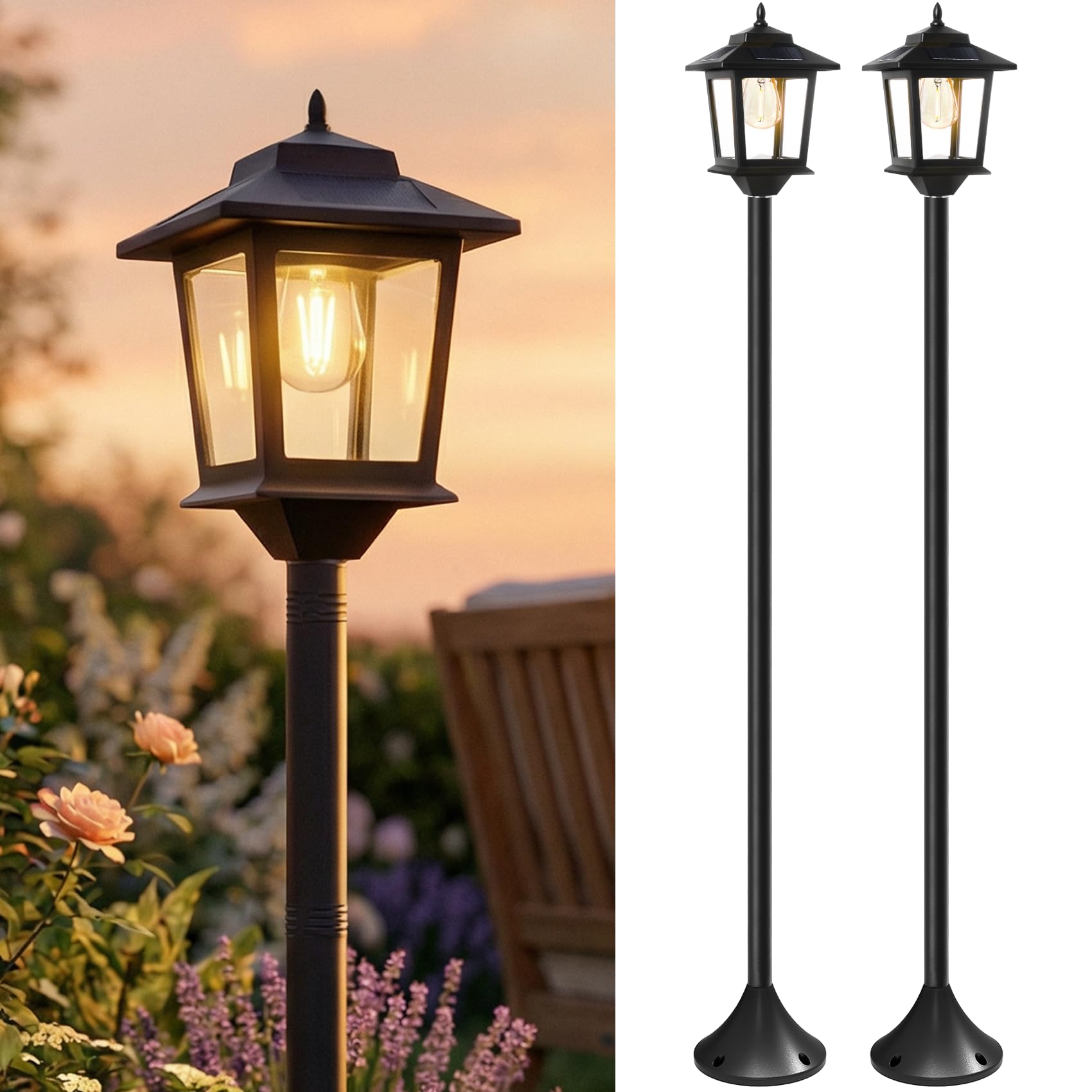 PASAMIC outdoor solar post light front view illuminates pathways with energy-efficient glow.