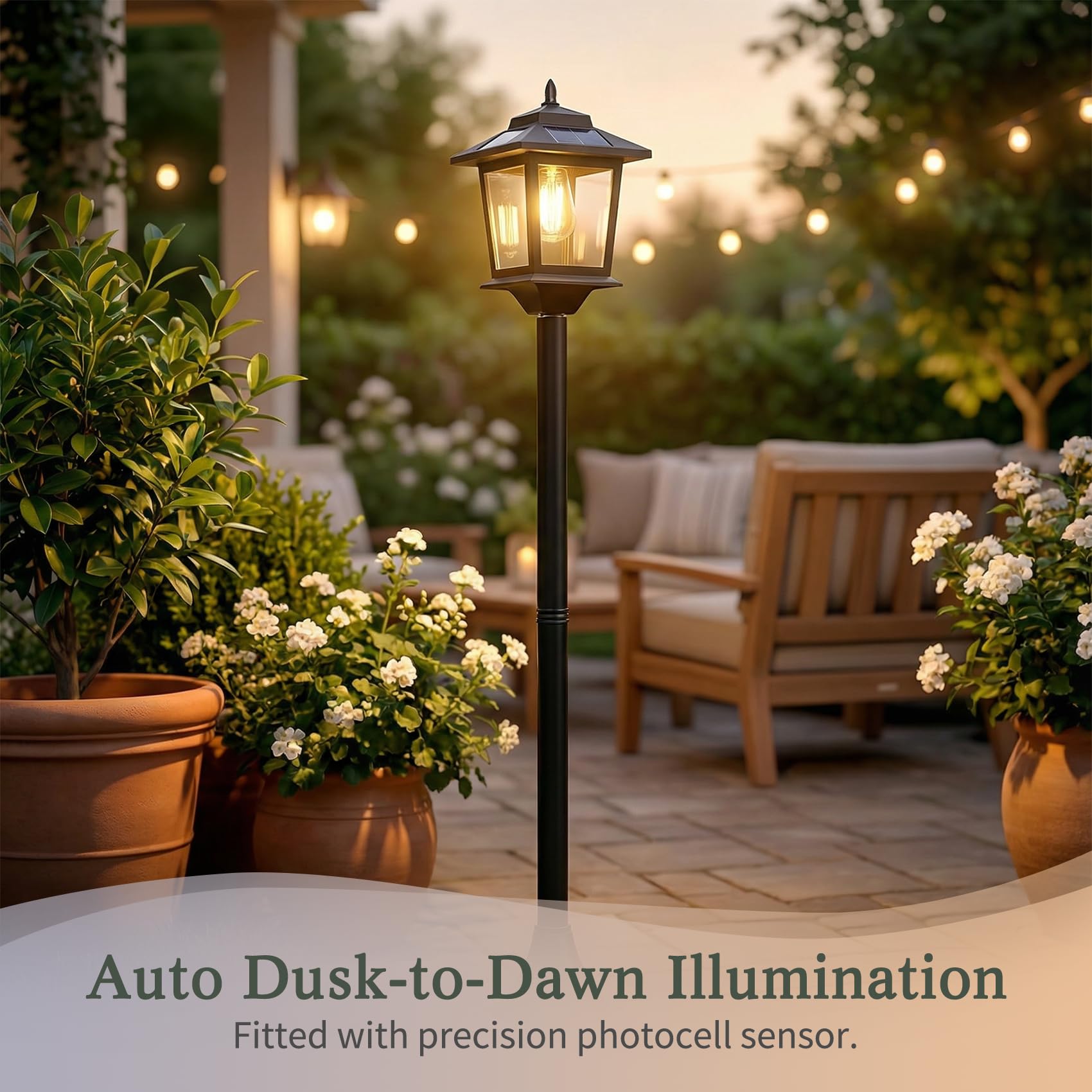 PASAMIC outdoor solar post light at night delivers warm white illumination for safe, welcoming exteriors.