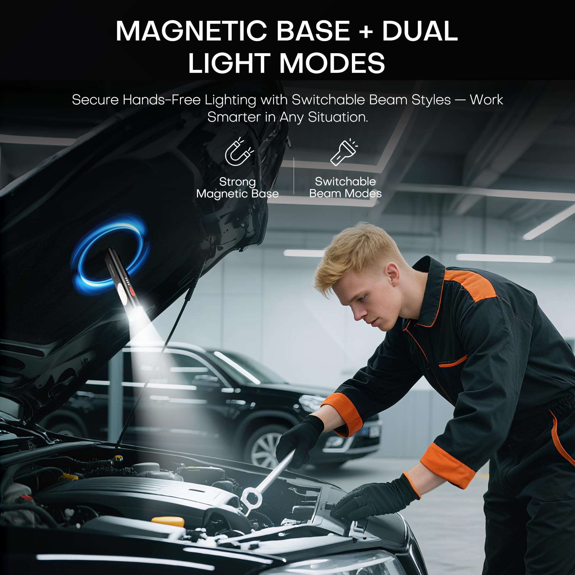 PASIION EDC flashlight magnetic base enabling hands-free use on metal surfaces