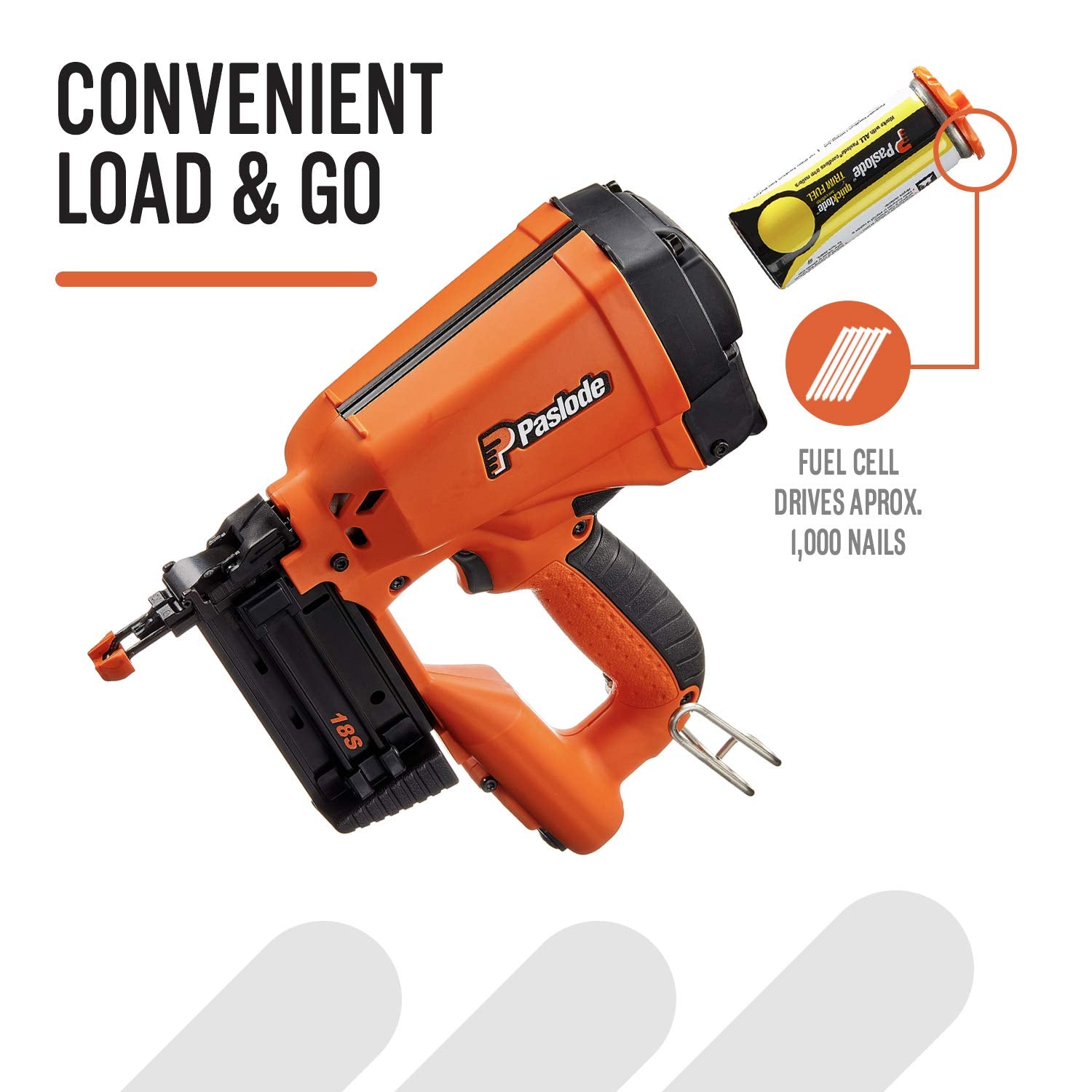 Paslode finish nailer ready to fire with fuel cell installed
