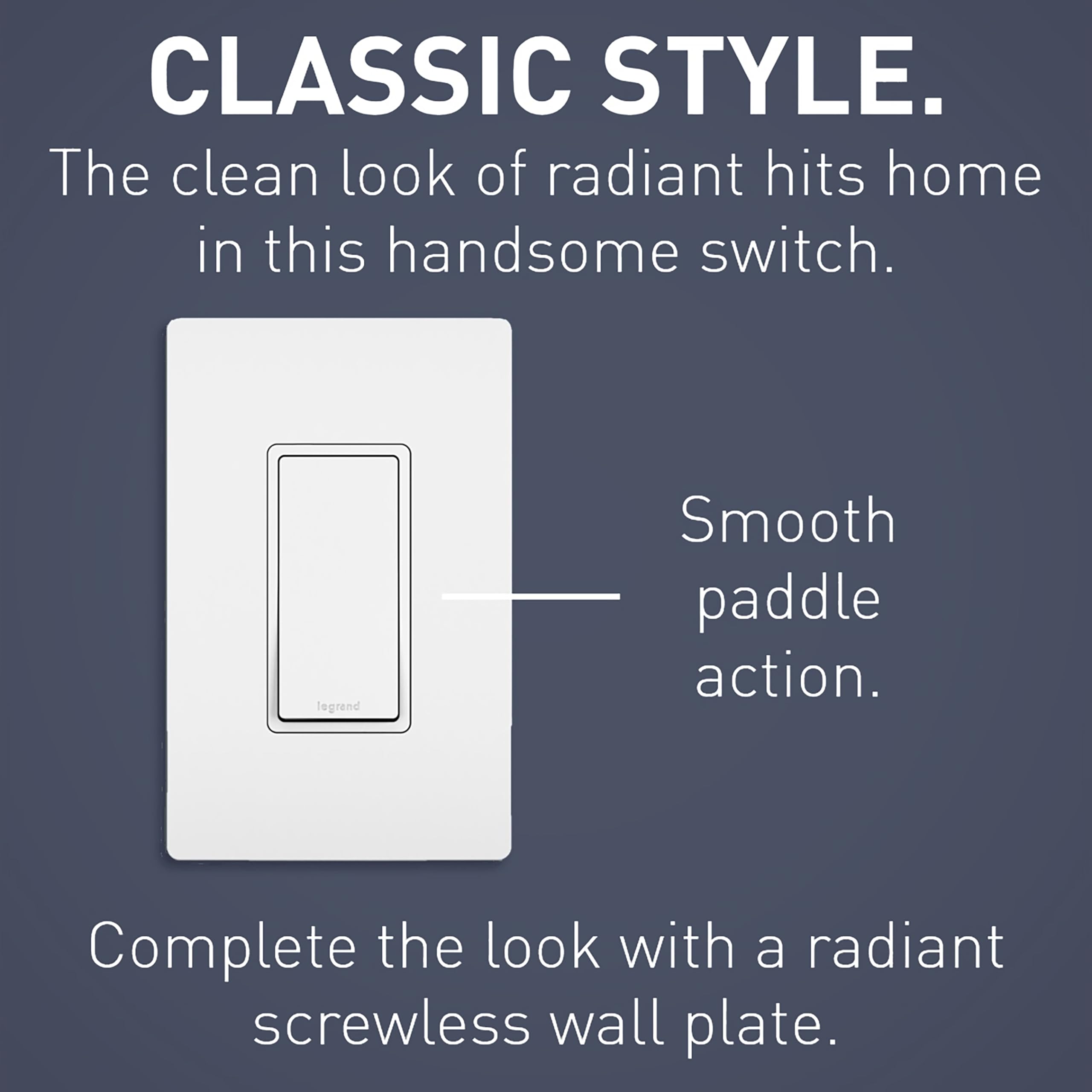 Side view of the Pass & Seymour Radiant switch showing slim profile and clean lines.
