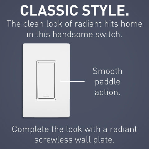 Side view of the Pass & Seymour Radiant switch showing slim profile and clean lines.