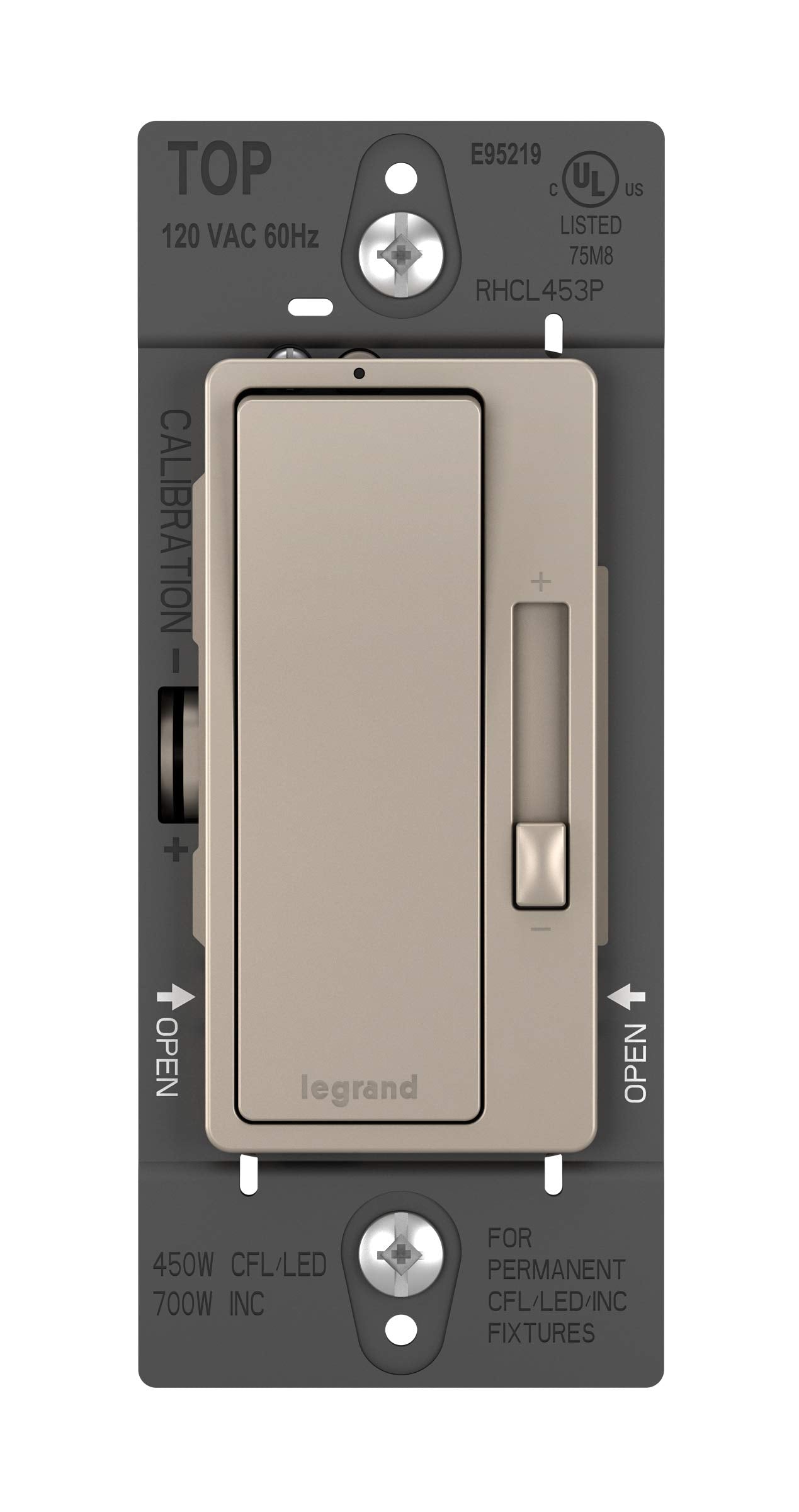 Pass & Seymour Radiant 450W dimmer switch in nickel for smooth lighting control.