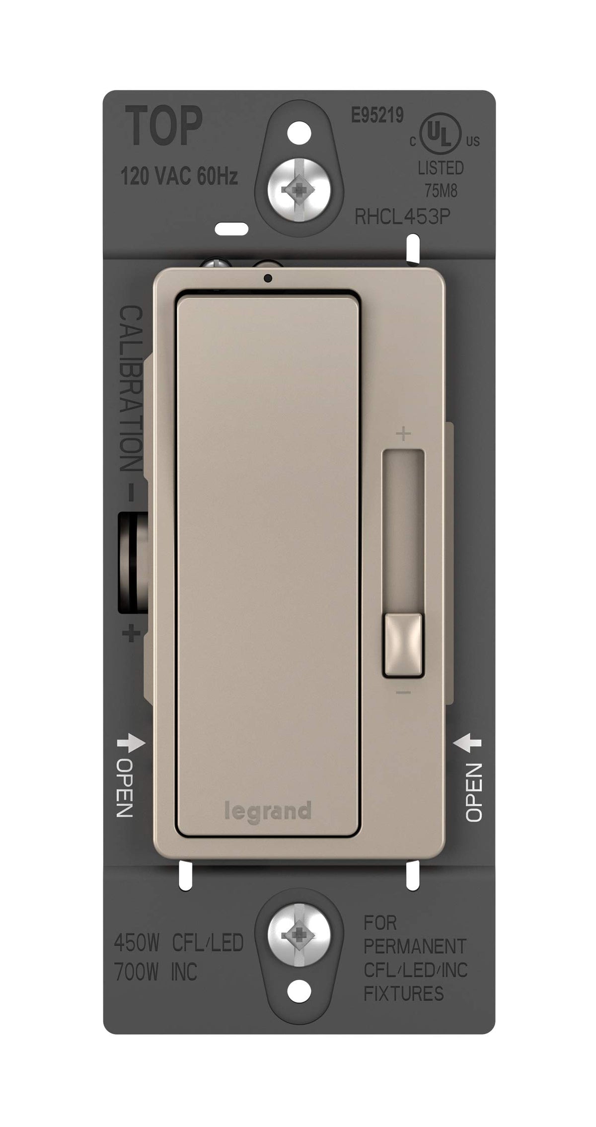 Pass & Seymour Radiant 450W dimmer switch in nickel for smooth lighting control.