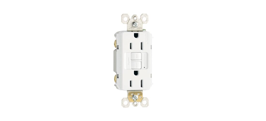 Pass & Seymour Radiant self-test GFCI outlet front view white, reliable protection for busy spaces.